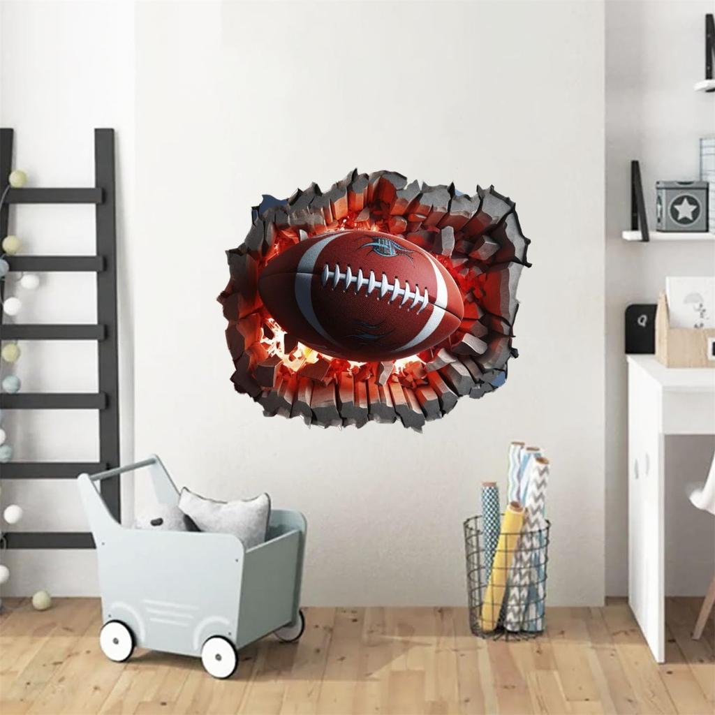 3D Football Wall Decal Rugby Break Through Wall Stickers Peel And Stick For Man Cave Teen Kids Boys Bedroom Playroom Game Rooms Decor Sport Wall
