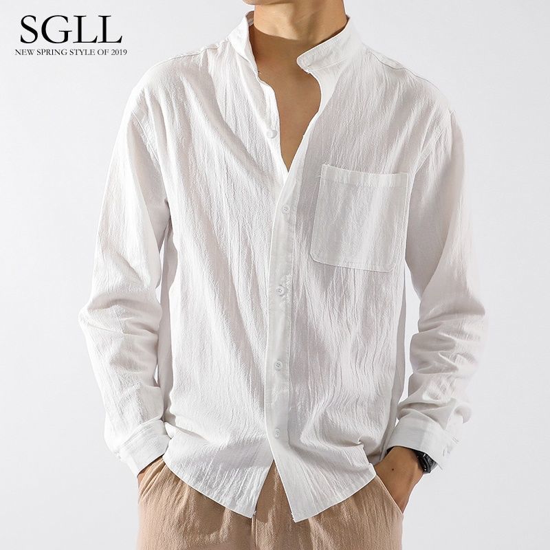 Men Linen Shirt for Men Long Sleeves Slim Fit Casual Thin Solid Color Vintage Beach  Shirt Sun Protection Cotton Linen Shirts