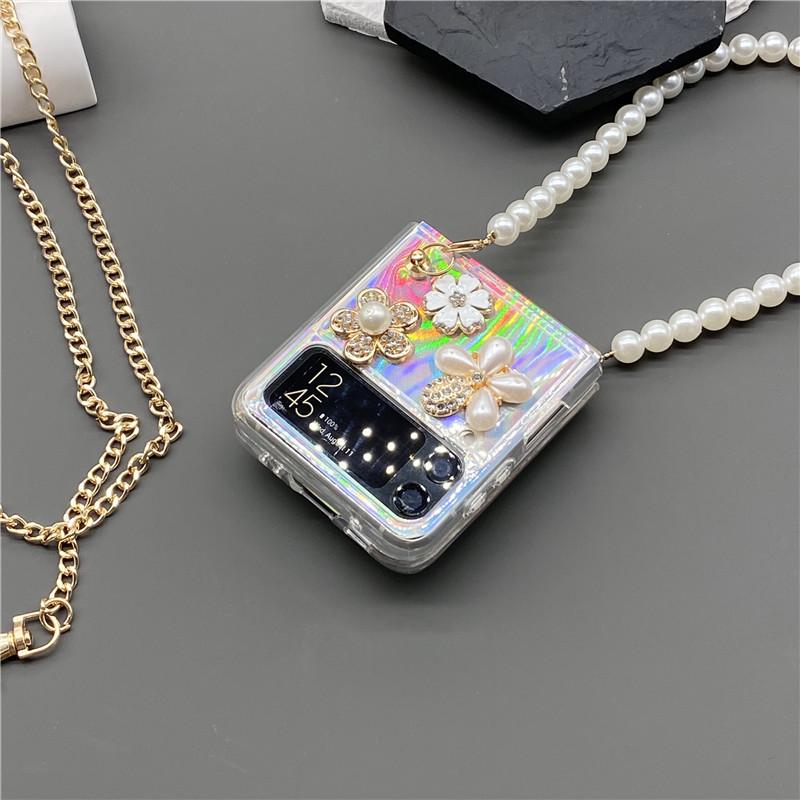 For Samsung Galaxy Zflip 3 5g Zflip 4g 5g Zflip 4 Fashion Diamond Flower Perfume Bottle Pearl Hand Chain Flash Laser Card Case