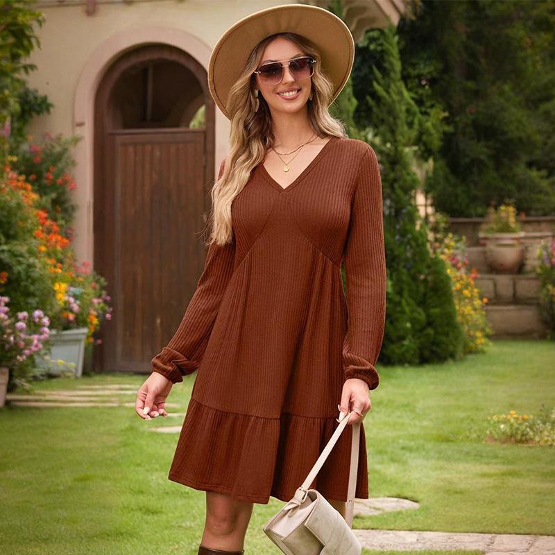V-neck spring and autumn design sense fashion casual dress women's long-sleeved niche elegant line dress