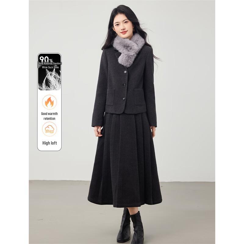 

Women s Fur Collar Down Jacket & Wool Skirt Two-Piece Set L