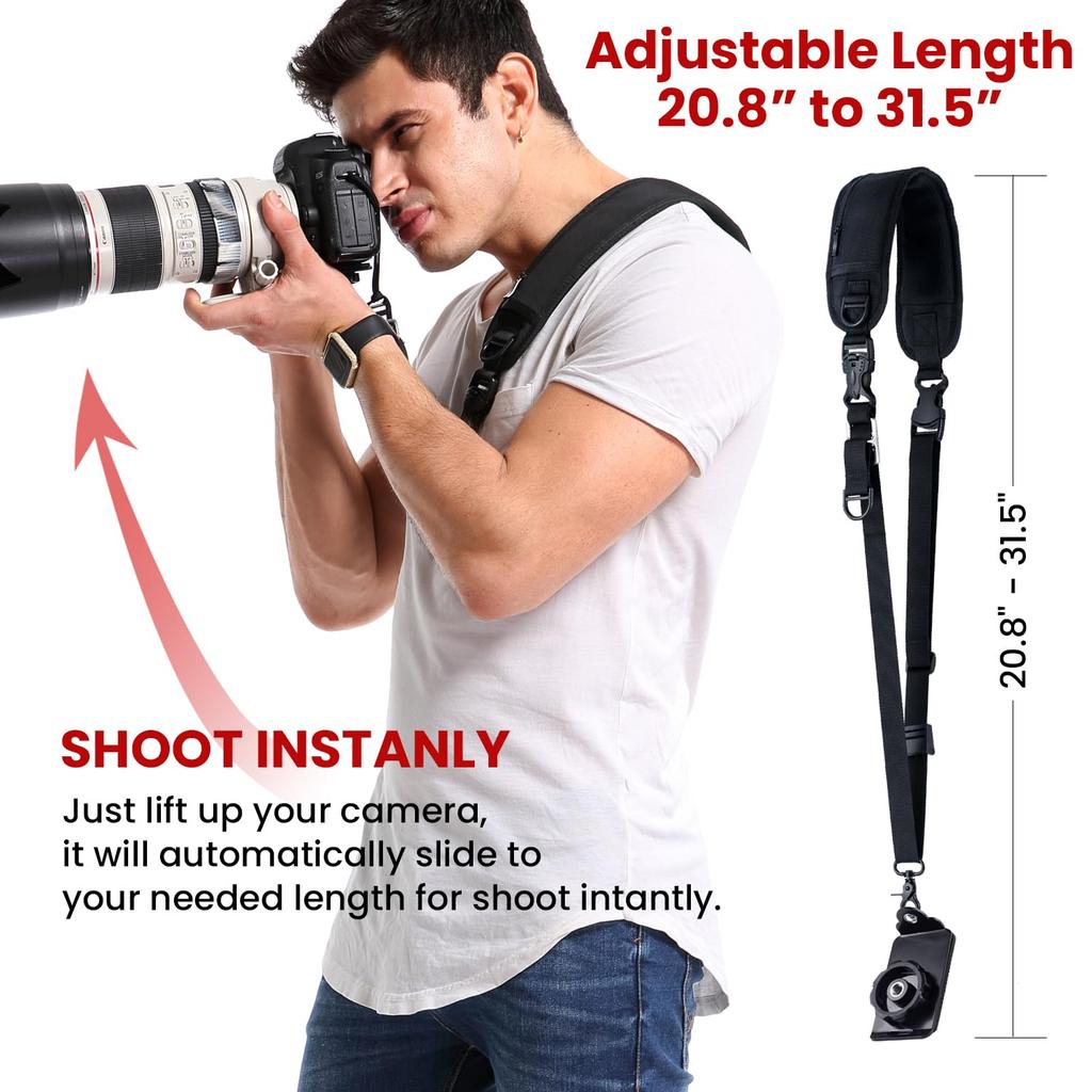 Waka Rapid Camera Neck Strap with Quick Release and Safety Adjustable Shoulder Strap for Olympus DSLRs Black Tether, Nikon, Canon, Sony, -
