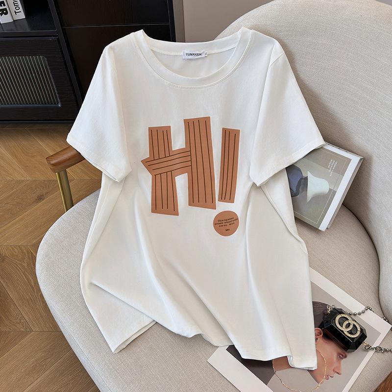 Damen Plus Size Lockere Passform Mittellanges Rundhals-Kurzarm-T-Shirt (200/300/350 Jin)