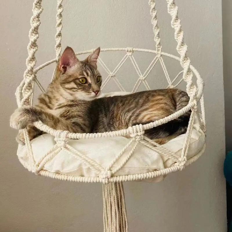 Handmade Crochet Cat Hammock Bohemian Hanging Bed Cozy Indoor Pet Nest for Kittens Comes with Mat