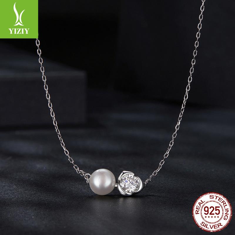 Rose Light Luxury Moissanite Clavicle Chain, Natural Pearl Premium S925 Sterling Silver Necklace