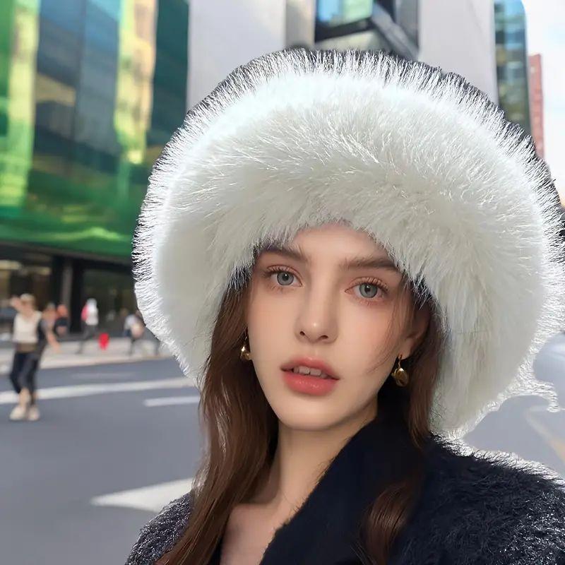 Autumn Winter Thick Warm Women Fashion Cap Simple Fur Hat Brimless Plush Fluffy Skiing Riding Fisherman Imitation Mink Fur Ladies Mongolia Cap Hats