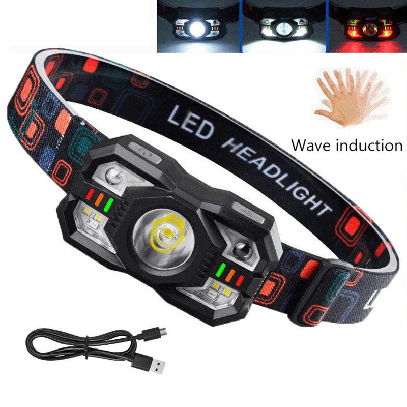 Led Rechargeable Headlamp Motion Sensor Waterproof Head Flashlights Torch For Outdoor Camping Fishing Head Lamp Search Light