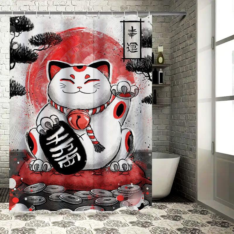 Red Lucky Cat Shower Curtain with Japanese Style Fortune Design Red Black White Bath Decor for Home Decoration Gift Idea