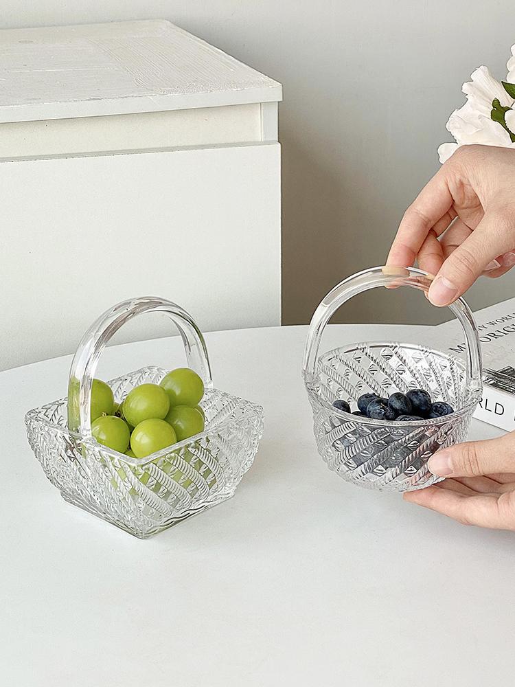 High Beauty Relief Rattan Woven Glass Fruit Basket Living Room Household Portable Dim Sum Tray European Transparent Snack Plate
