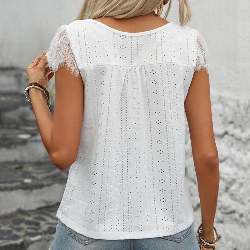 Women Lace Splicing V Neck Short Sleeve Solid Casual Basic T Shirt Top