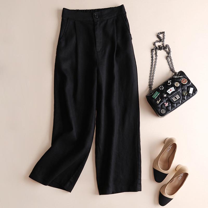 Women Fashion Cotton Linen Solid Color Thin Wide Leg Loose Ninth Pants