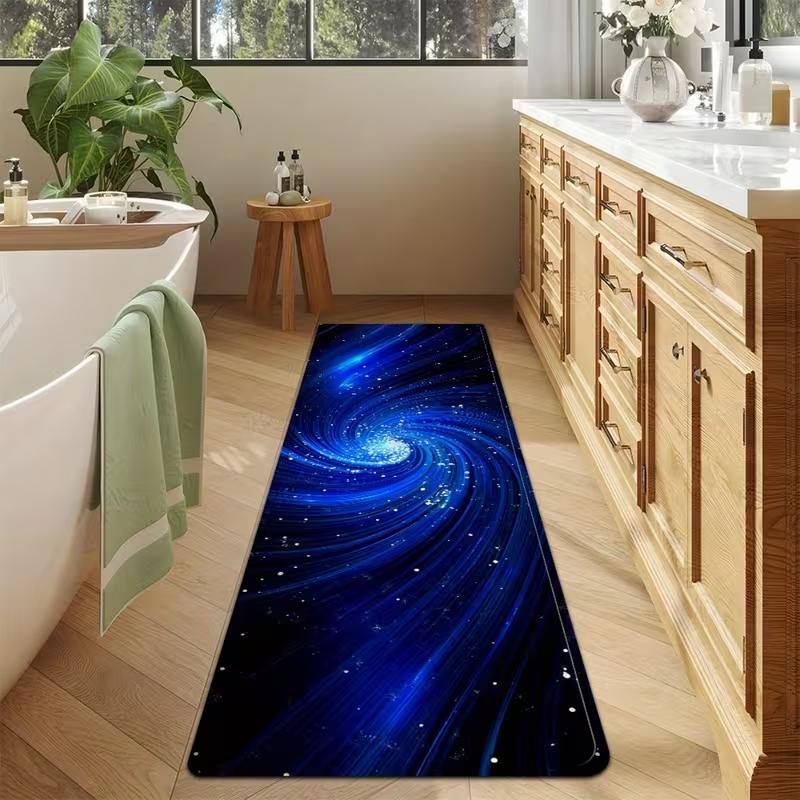 Blue Galaxy Swirl Print Runner Rug Soft Flannel Washable Floor Mat for Bathroom Bedroom Entryway Space Themed Home Decor