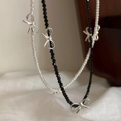 Fever-Style Beaded Bow Necklace for Women - 2025 Korean Clavicle Chain Accessory