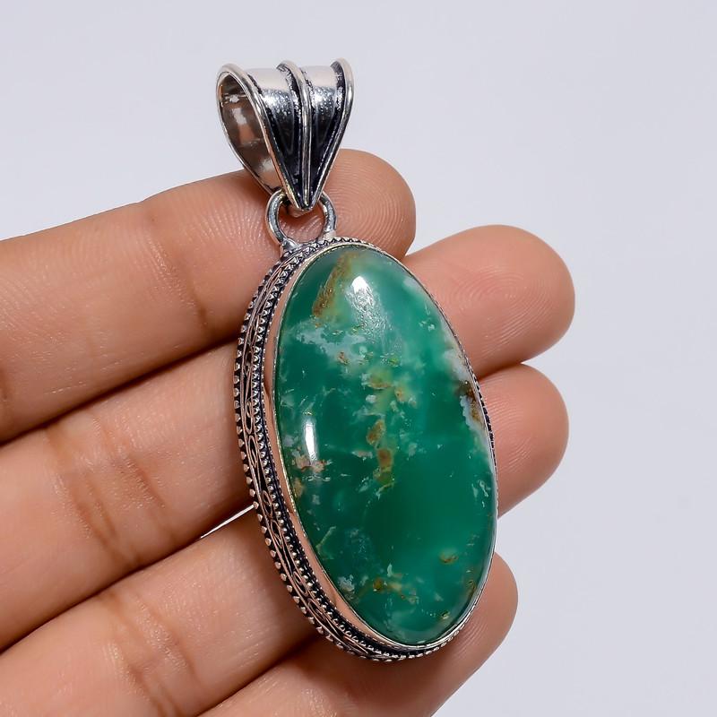 

Dazzling Top Grade Qualite 100% Natural Chrysoprase Oval Shape Vintage Style Handmade Jewelry 925 Steling Silver Plated Pendant 2.2 WSJ4848 2.2