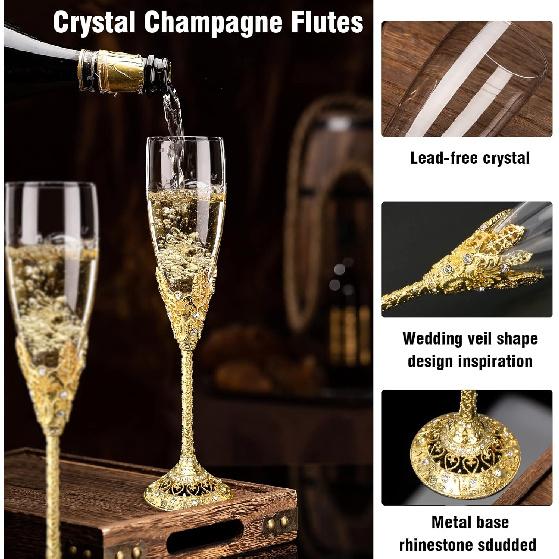 Champagne Flutes-Set of 2 Champagne glasses, Crystal Glasses&Metal Base, Toasting Flute Pair, Wedding Anniversary, Party,Birthday,Banquets,Gifts for
