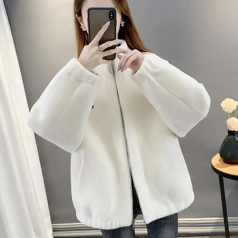 Coat for Women Fleece Thickened Plush Autumn Winter Stand Collar Top Oversize Casual Zipper Jacket