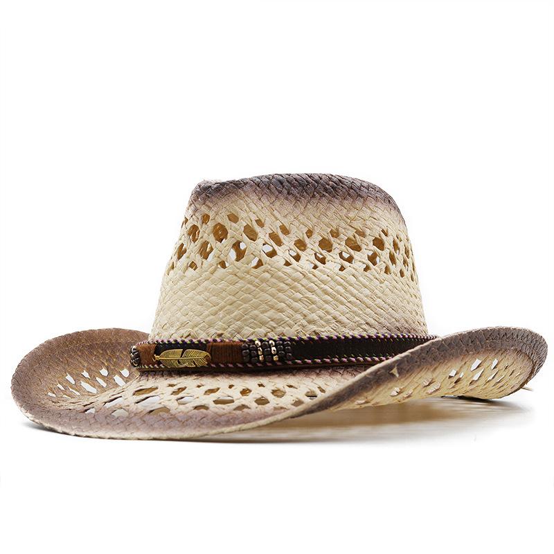Men's and women's old decorative hand-woven hollow straw hats, European and American lacquered western cowboy hats, outdoor shading straw sun hats