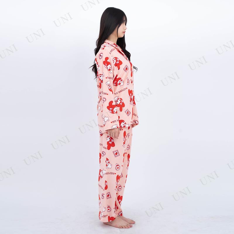 SAZAC My Melody Shirt Long Sleeve and Pants Stylish Frame My Melody Pajamas, Micro-Fur Fleece, Women's, Set, Loungewear, (Red/L/SAN1742)