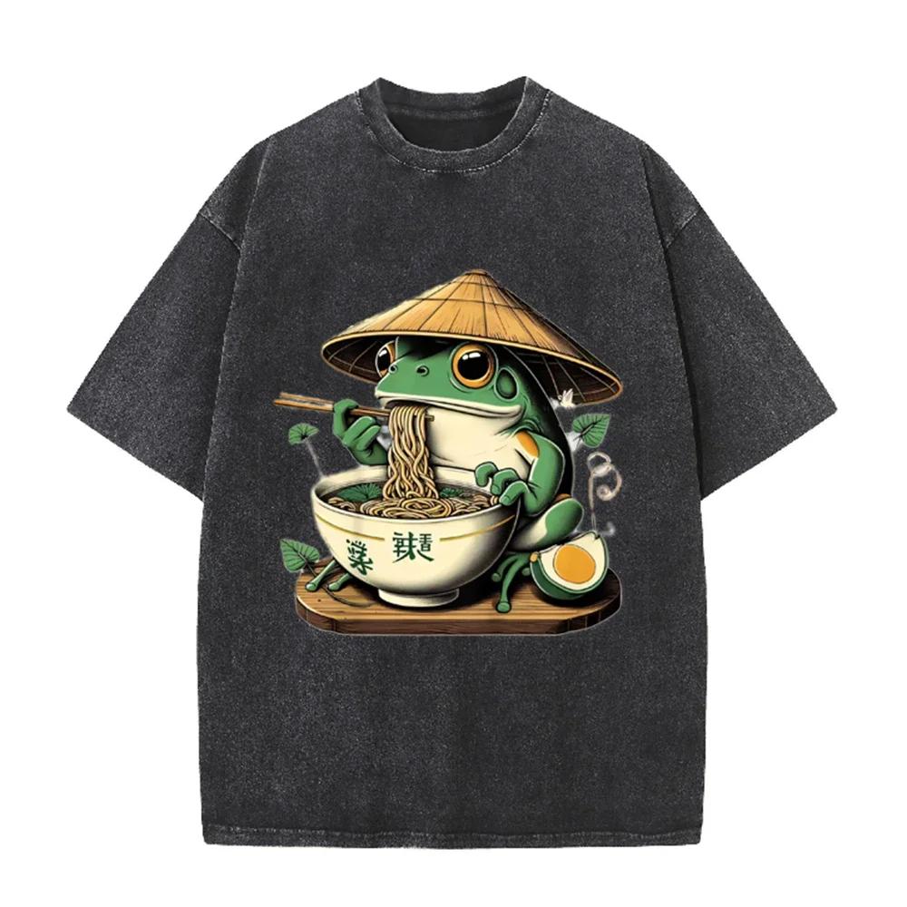 2026 Vintage Washed Black T Shirt Frog Eating Ramen Japanese Style Graphic Tee Unisex Casual Streetwear