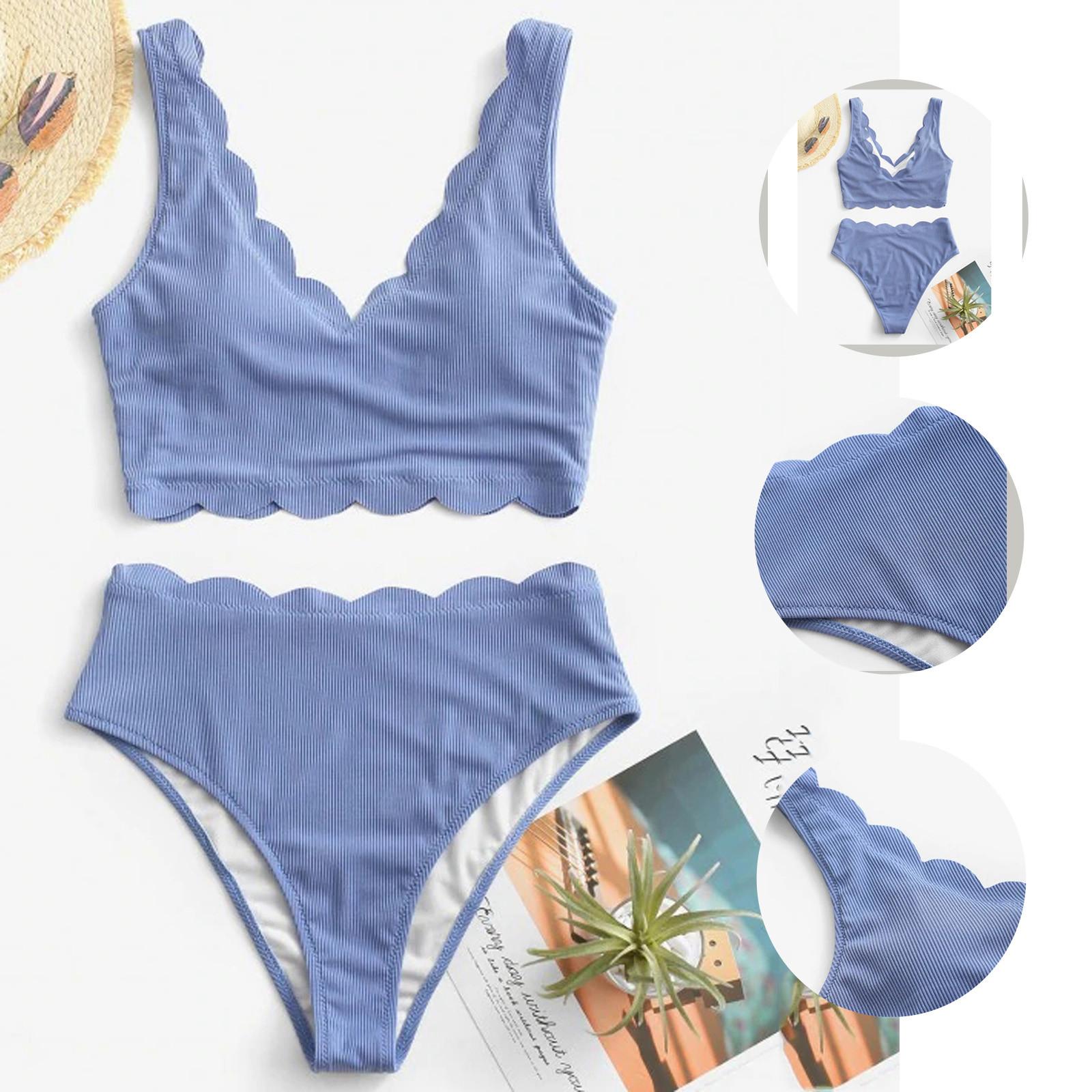 

Женский сексуальный текстурированный купальник с зубчатым краем, бикини, пляжная одежда, купальник M синий