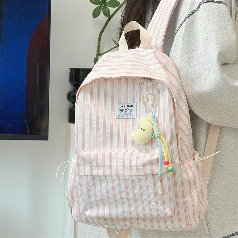 Schoolbag Korean simple solid color striped computer bag backpack college student high school campus large capacity striped commuter schoolbag