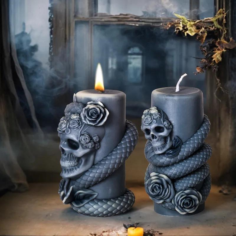 Skull Head Cylinder Candle Silicone Mold Flower Relief Cylinder Resin Gypsum Mould Snake Head Cylinder Molds Halloween Gift