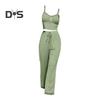 2 Pcs/Set Pants Top Suit Low-cut V Neck Sleeveless Solid Color Shirring Drawstring High Elastic Waist Lace Women Summer Pajamas Set Homewear Tank Top