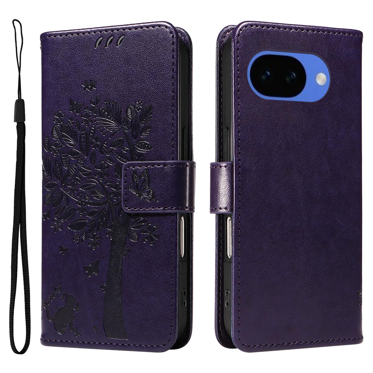 

For Google Pixel 10a Phone Case with Stand Cat Tree Pattern Leather Wallet Mobile Cover