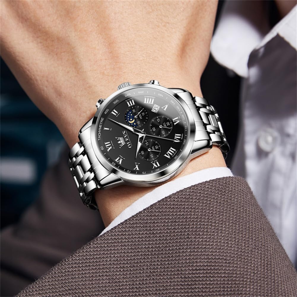 Silver Popular Waterproof Analog Quartz Watch for Stylish Stainless Steel Watch with Date Simple Large Black Stylish Moon Olevs Watch Men's Watch,