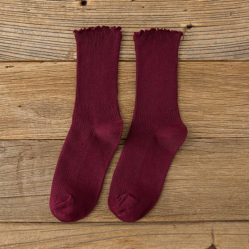 Cotton Breathable Women Socks Harajuku Retro Streetwear Solid Black White Socks Women Japanese Kawaii Cute Frily Ruffle Socks