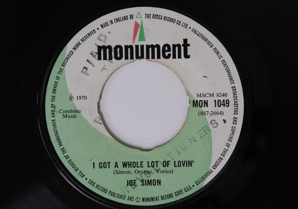 7inch Record JOE SIMON  Yours Love  I Gotta Whole Lotta Lo MON1049 MONUMENT 1970 UK SoulFunk Used