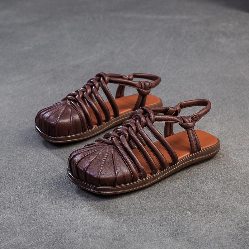 

Johnature Hand Woven Square Toe Flat Sandals Comfortable Versatile Breathable Women s Shoes 40 кофейный