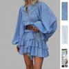 Women's Light Blue Notch Lapel Button Down Blouse with Tiered Ruffle Skirt Set