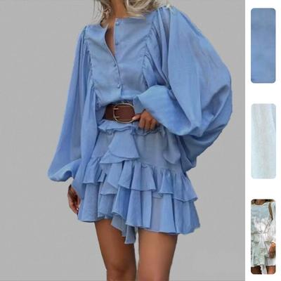 Women's Light Blue Notch Lapel Button Down Blouse with Tiered Ruffle Skirt Set