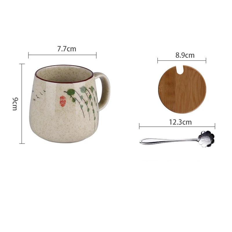350ml Japanese Retro Ceramic Coffee Cup With Lid and Spoon Heat Resistant Stable Design For Milk Tea Breakfast Home Office Gift