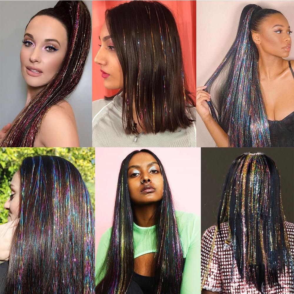 Funkelnde synthetische Haarverlängerung, holografischer Glitzer, bunte Laser-Seiden-Party-Haarverlängerungen, goldene Seide, Bing-Haar