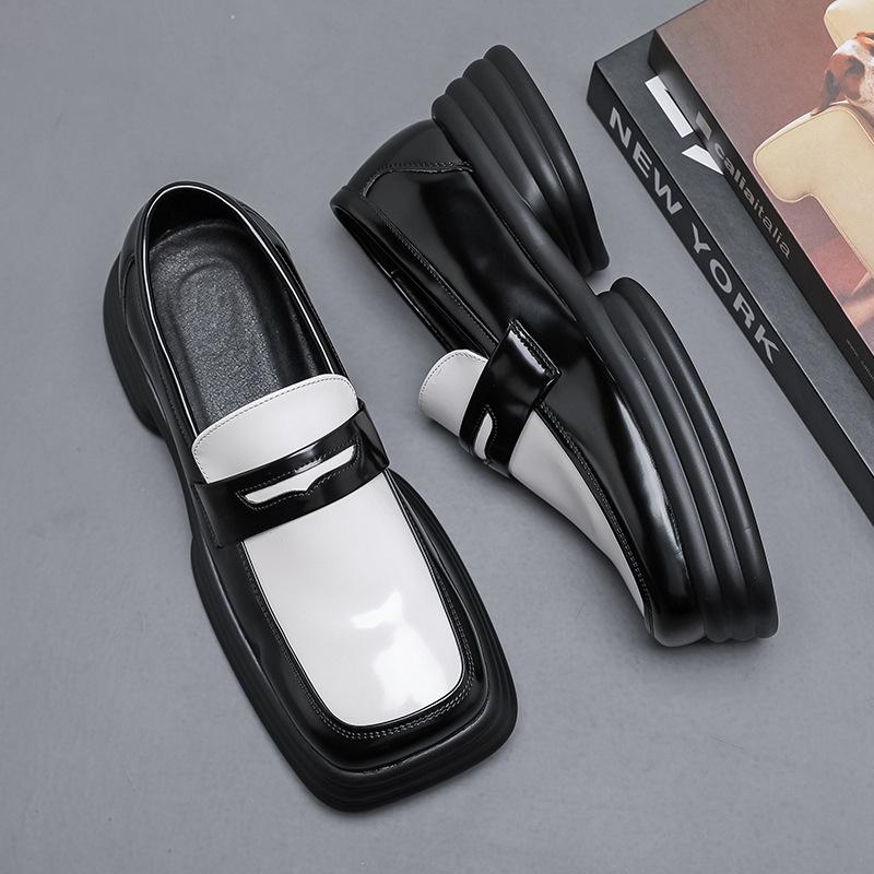 Square head leather shoes big head small leather shoes casual shoes large size thick sole derby shoes