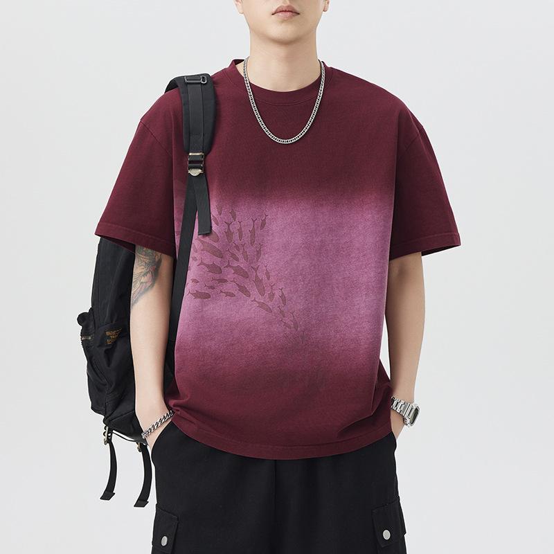 Summer Heavy 300g Gradient Wash Cotton Sleeve T-shirt Men's American Japanese Casual