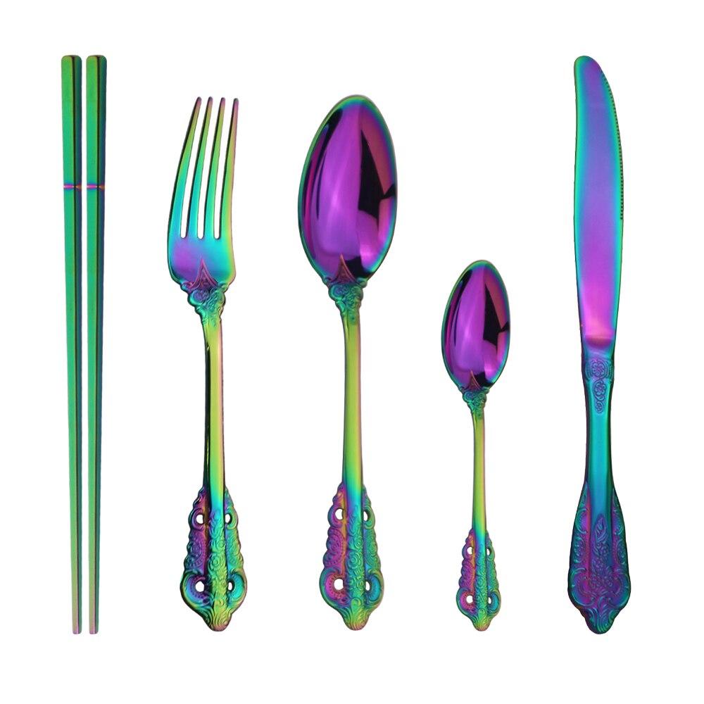 5Pcs Palace Style Dinnerware Stainless Steel Kitchen Portable Cutlery Set of Tableware Spoon Forks Knives Chopstick Silverware
