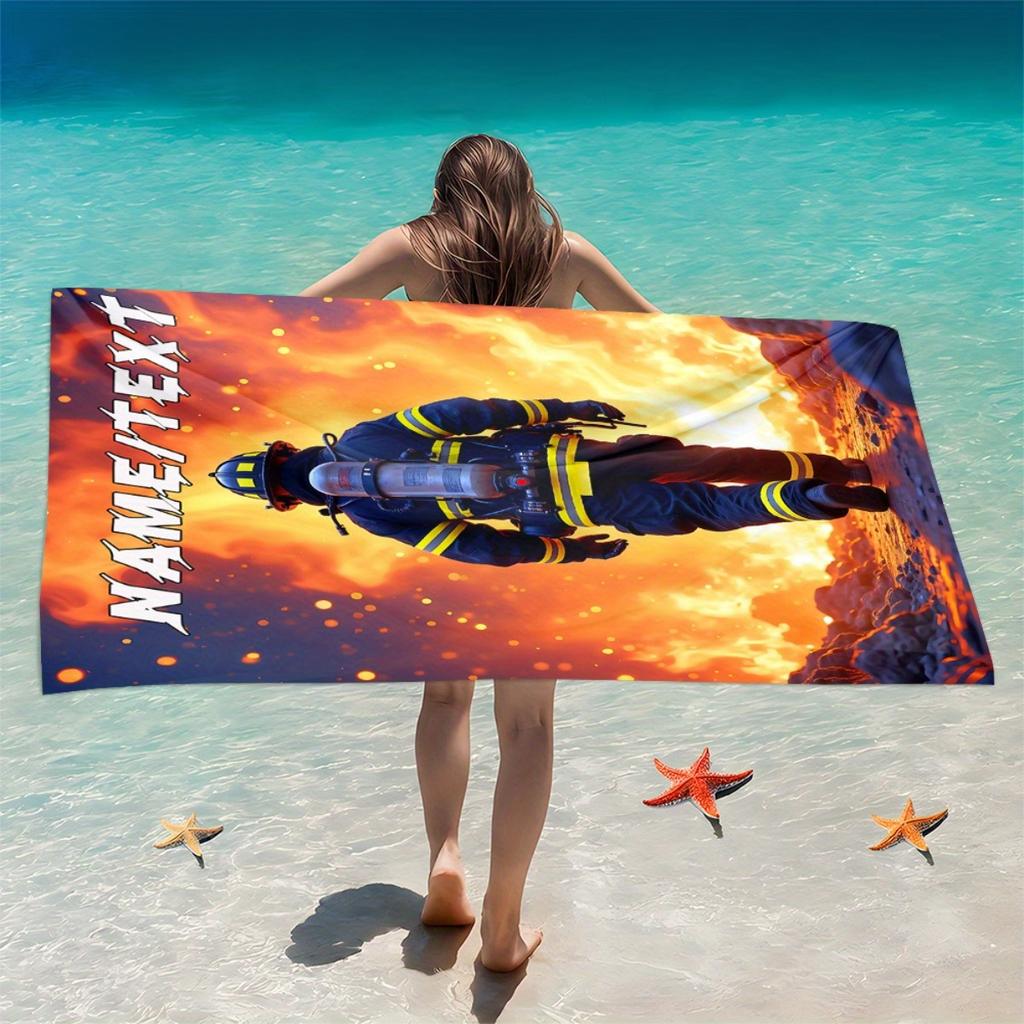 Asciugamano da Spiaggia Personalizzato per Vigili del Fuoco Nome Personalizzato Eroe Microfibra Asciugamano da Bagno 160x80cm Morbido Asciugatura Rapida Piscina