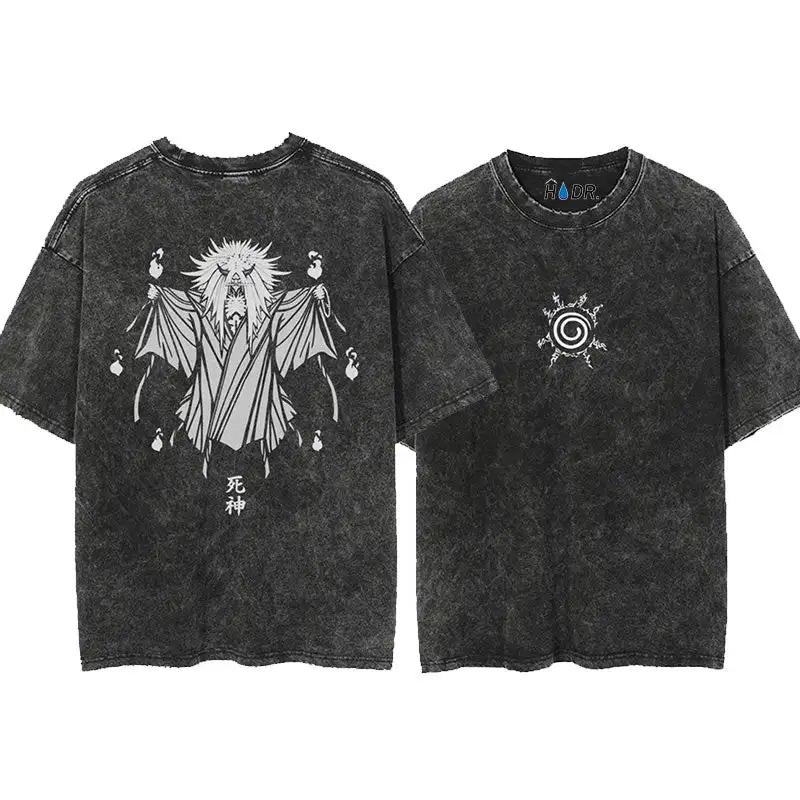 Harajuku Streetwear Washed TShirt Japanese Anime Naruto Tshirt Double Sided Cotton Tees Tops Men Short Sleeve Vintage Tshirt