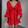 New V-Neck Long Sleeve Dress, Self-Designed Bubble Sleeve Maxi Dress