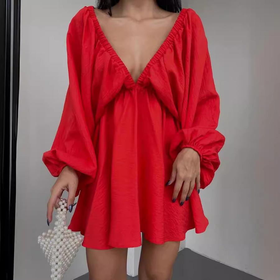 New V-Neck Long Sleeve Dress, Self-Designed Bubble Sleeve Maxi Dress