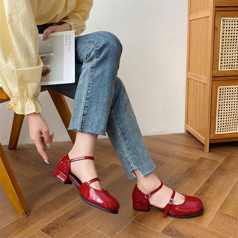 New Mary Jane Shoes Buckle High Heels Women's Thick Heel Elegant Shallow Mouth Square Toe Shoes Office Women's Leather Shoes
