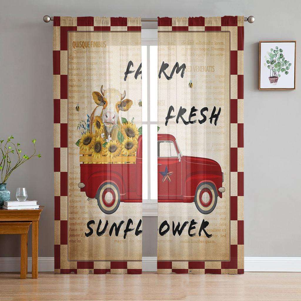 American Country Style Sunflower Cow Sheer Curtains for Living Room Modern Voile Curtain Bedroom Tulle Curtains Window Drapes