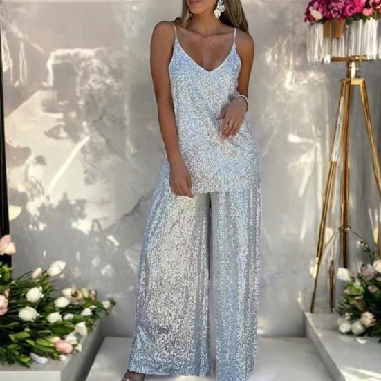 Women Sequin Two Piece Outfit Scoop Neck Sleeveless Cami Top Wide-leg Pants Set Evening Party