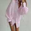 Solid See Through Women Shirt Commut Wear Lapel Long Sleeve Single Button Lace Up Female Blouse 2025 Spring Summer Elegant Office Lady Top
