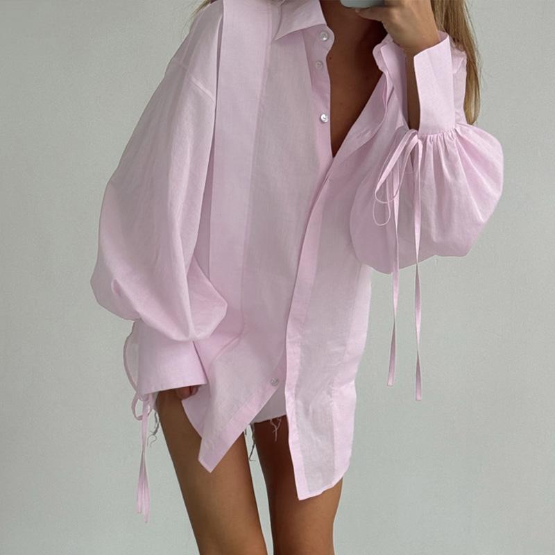 Solid See Through Women Shirt Commut Wear Lapel Long Sleeve Single Button Lace Up Female Blouse 2025 Spring Summer Elegant Office Lady Top