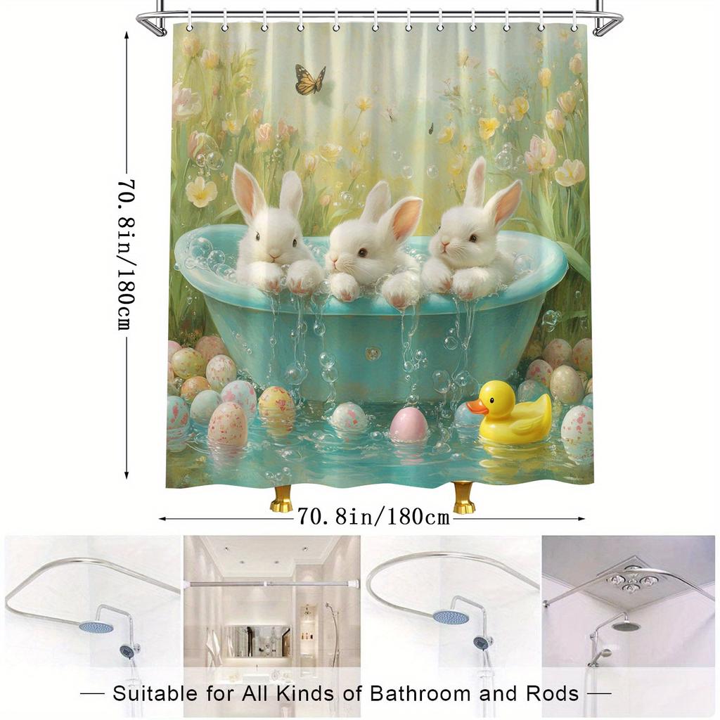 Easter Shower Curtain - Bunnies in Bathtub, Easter Eggs, Spring Garden & Butterflies, Pastel Design, Polyester Bathroom Decor
