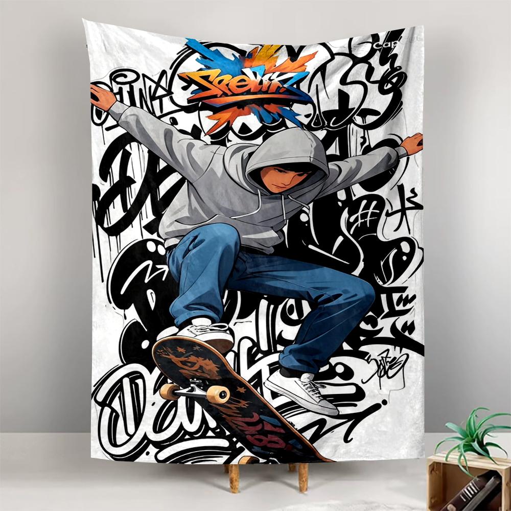 Tapestry Skateboarder Anime Style Grey Hoodie Graffiti Background Mid Air Trick Orange Blue Art